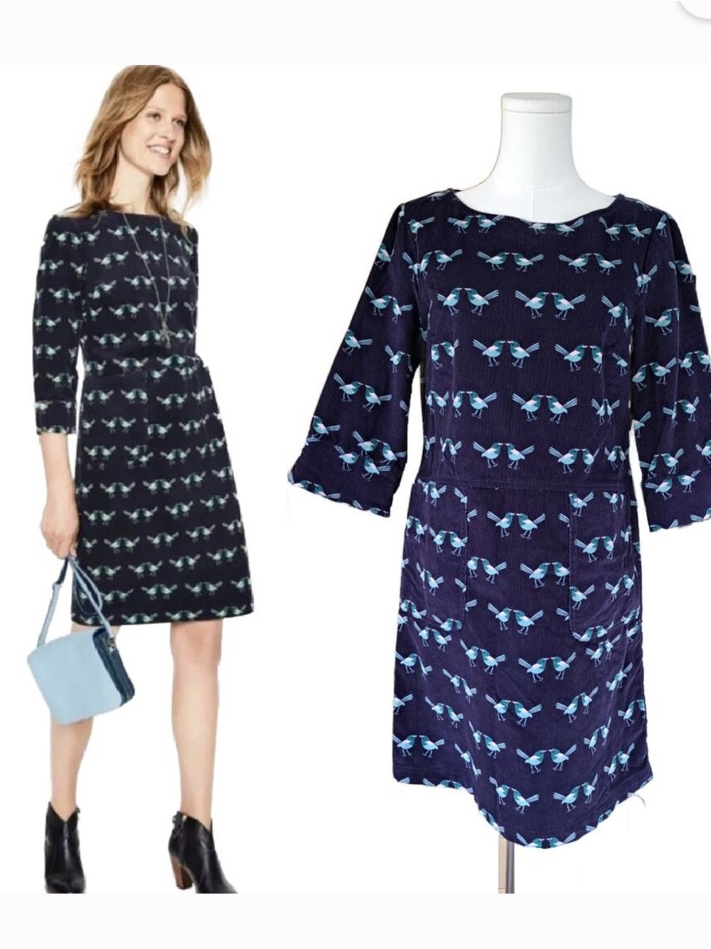 BODEN Navy Love Birds Corduroy Amber Shift Dress 4 LONG Whimsy Office Casual